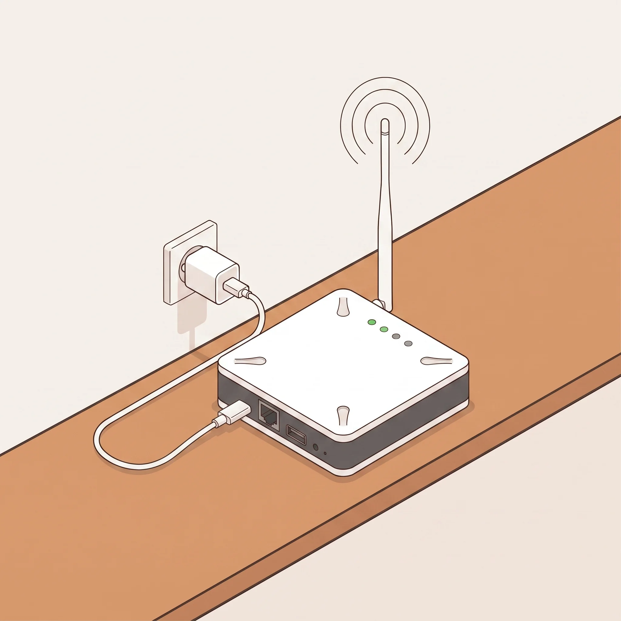 The gateway on a shelf, plugged into the socket with the antenna upright