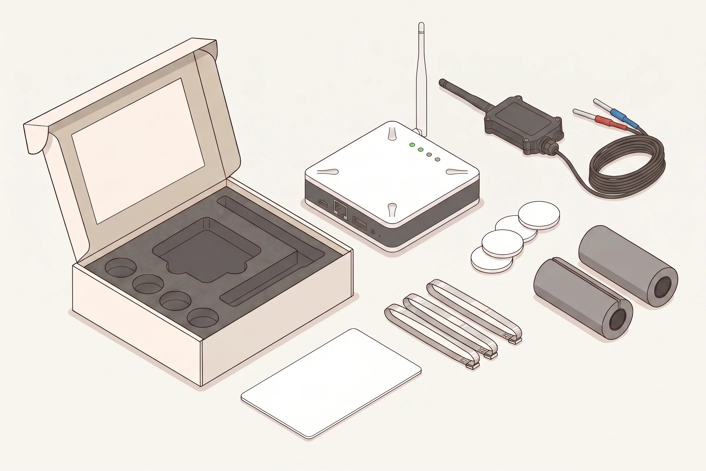 The LegioLog kit unpacked: sensor with probe, gateway with antenna, NFC tags, insulation sleeves, mounting brackets and the quickstart card