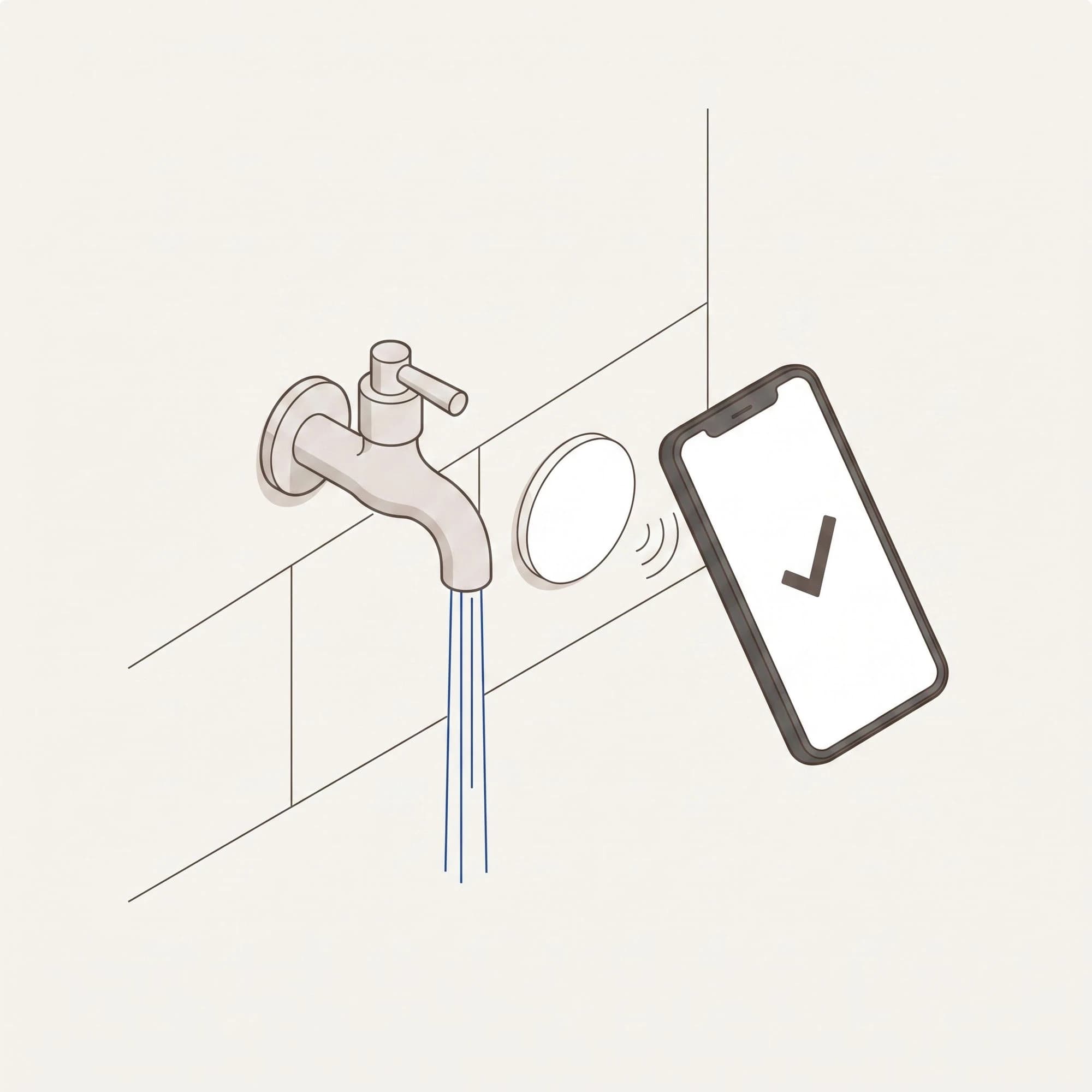 A phone held against the NFC tag at the tap; the flush is recorded with a tick