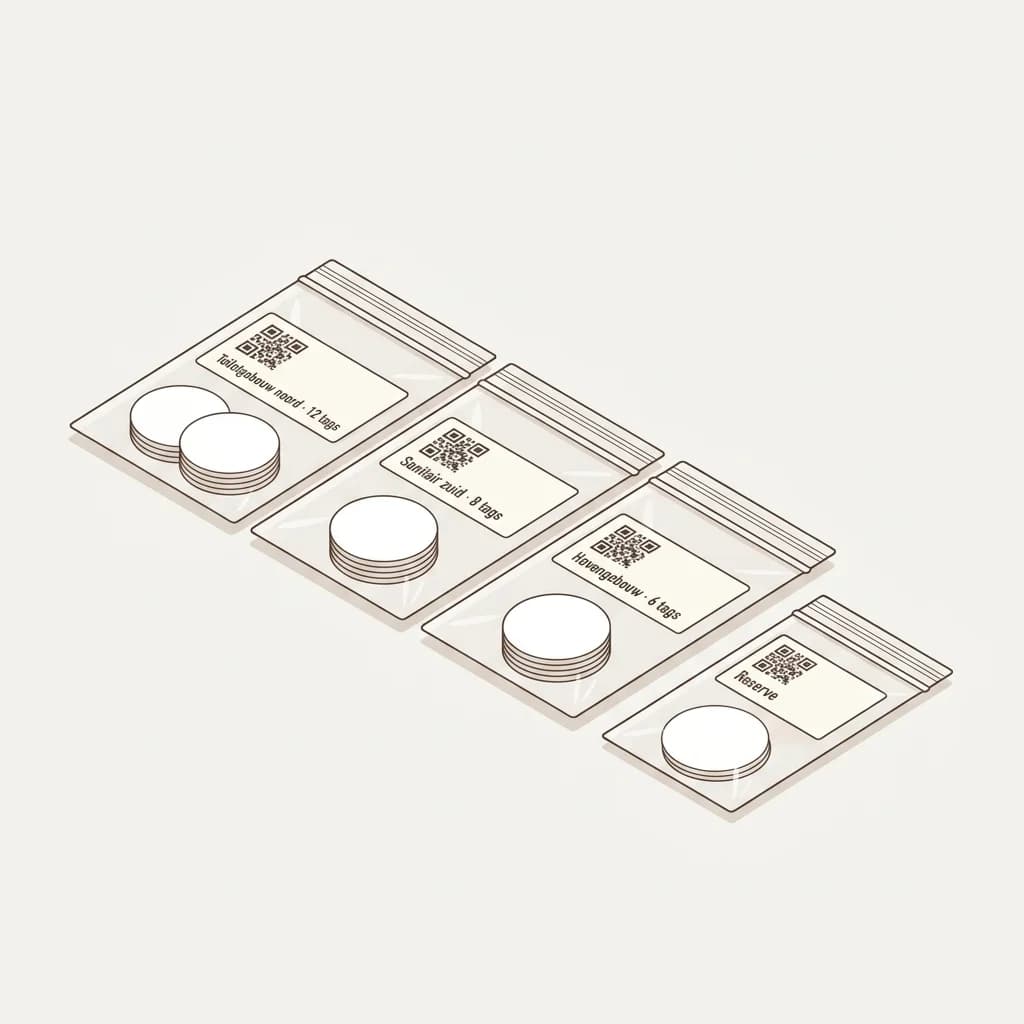 A bag of NFC tags with a label for each building, plus a bag of spare tags
