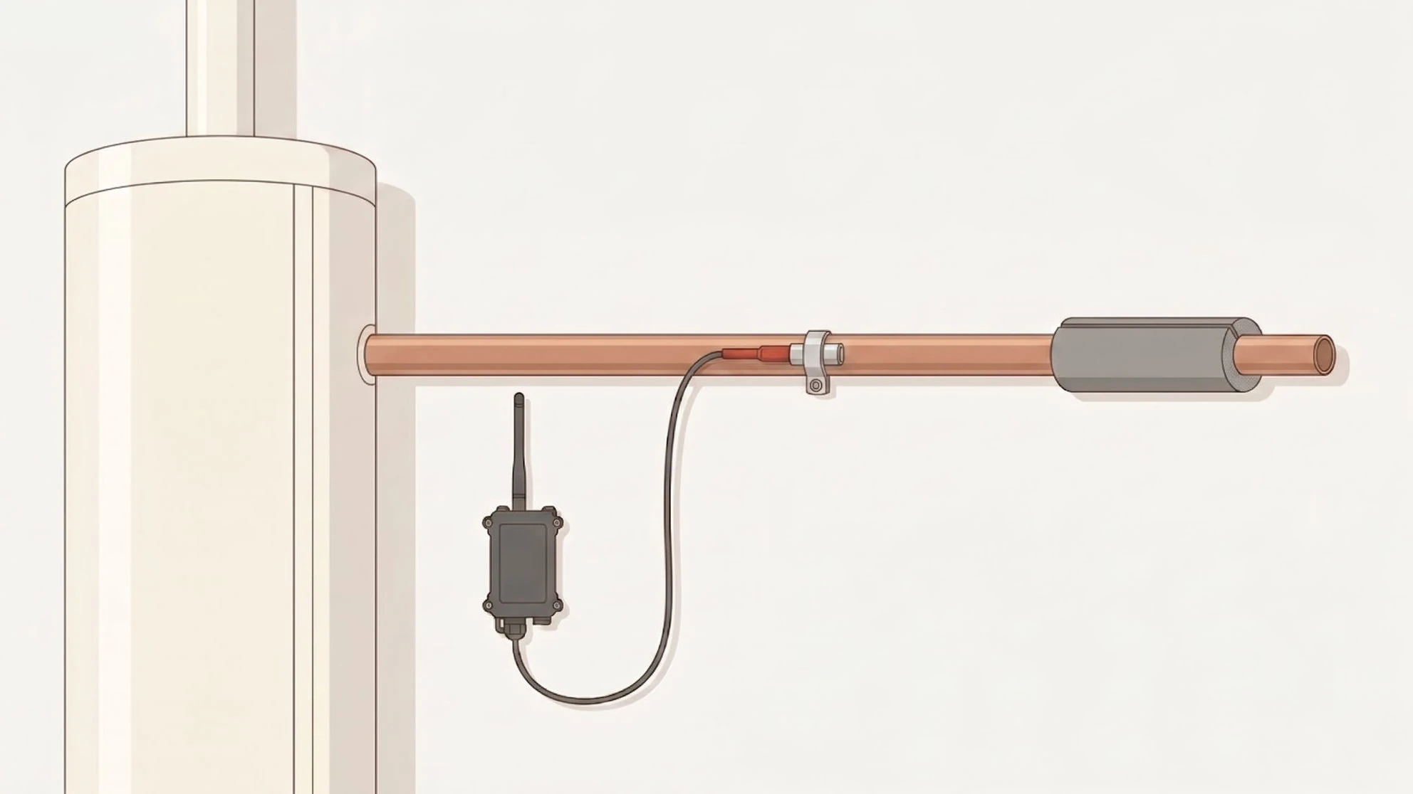 A sensor clipped onto the hot water pipe at the water heater, with the insulation sleeve over it