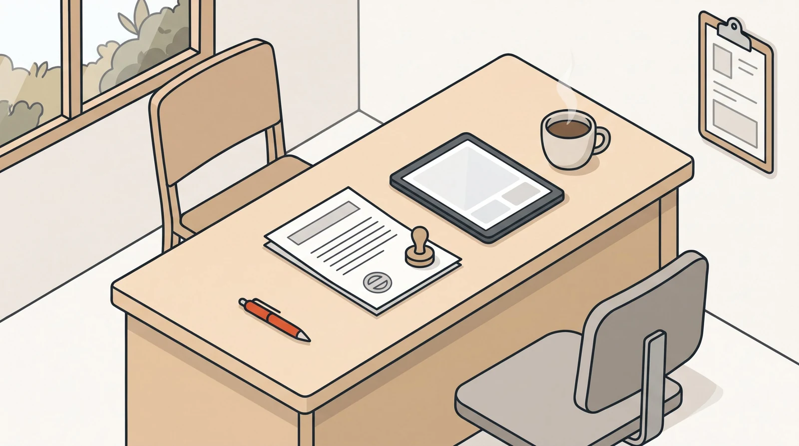 An inspector with a tablet at the counter opposite an employee with a pile of binders.