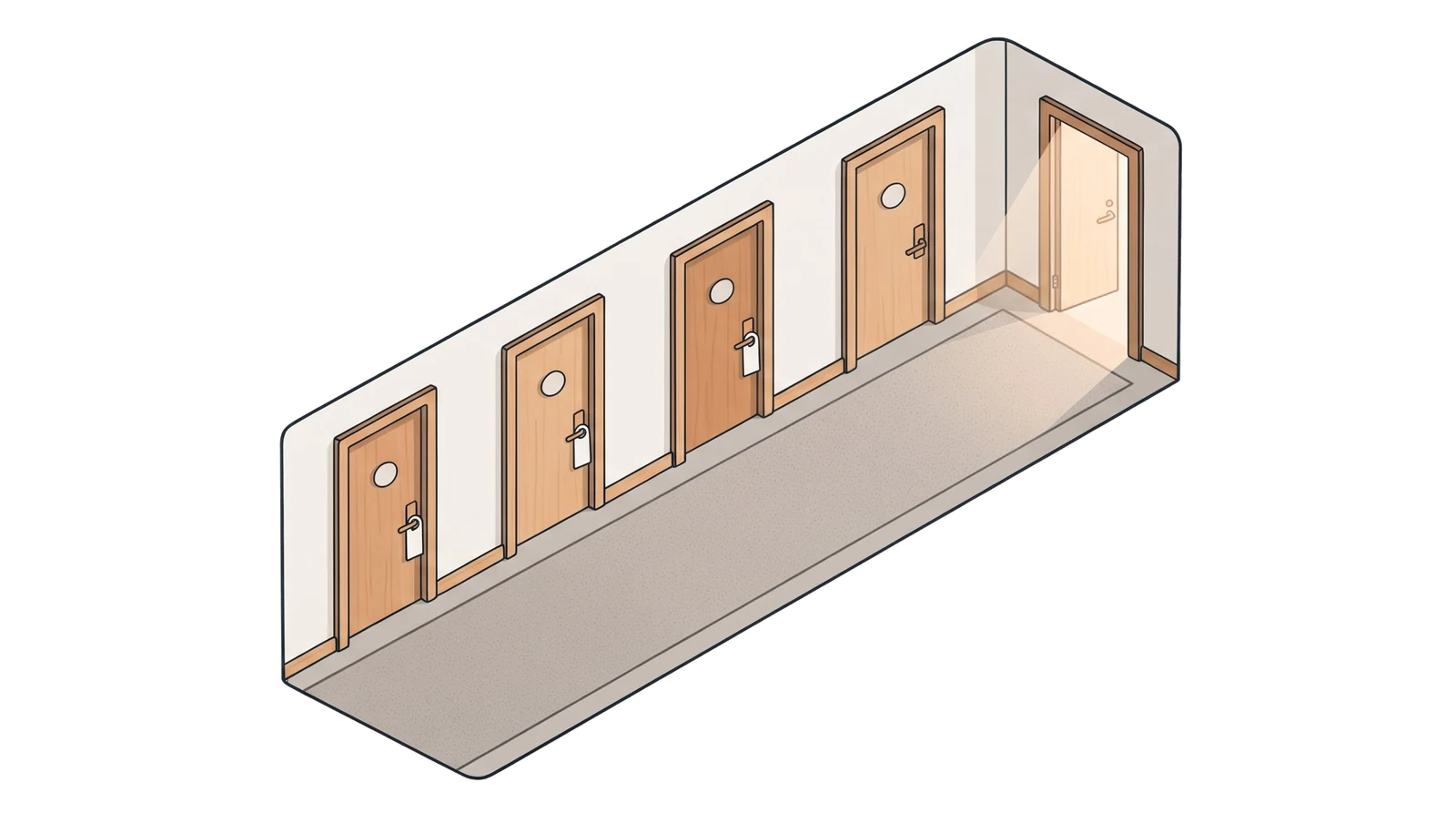 Floor plan of a hotel corridor with rooms in blue, orange and dark and a housekeeping trolley in the corridor.