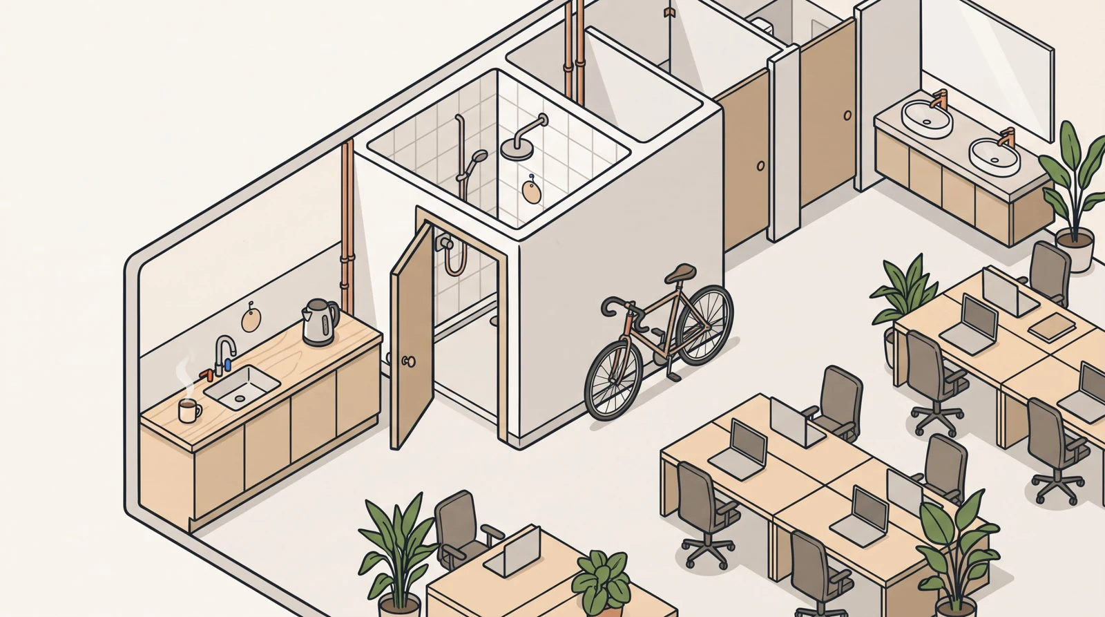 Una planta de oficinas con un office, una ducha para ciclistas y un bloque de aseos.