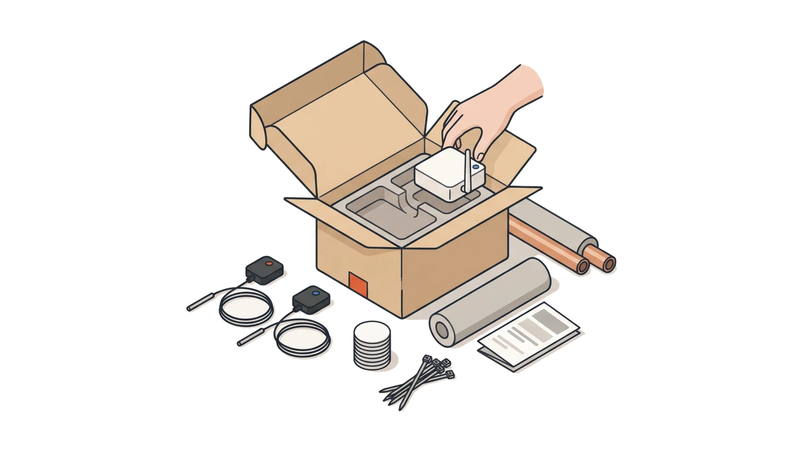 An open box with two sensors, a gateway, tags, double-sided tape and pipe insulation.