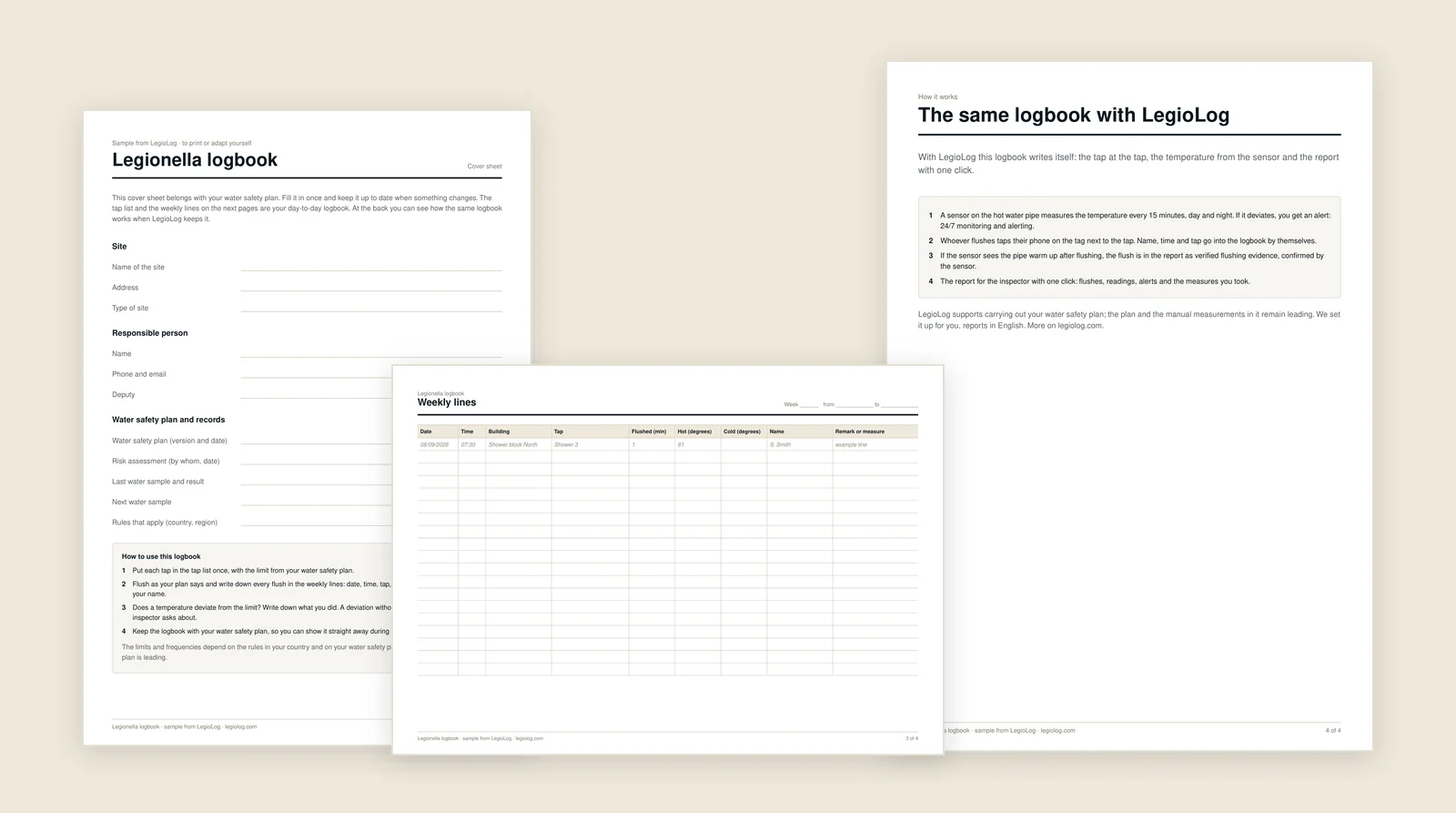The sample logbook: cover sheet, tap list and weekly lines
