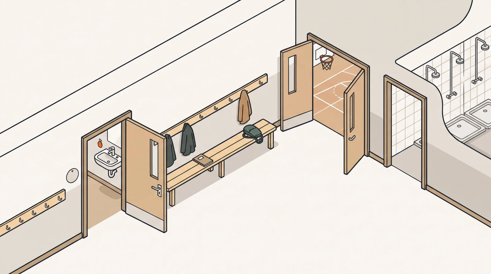 A school corridor with a classroom with a washbasin, the changing room with coat hooks and a bench, and the showers at the gym.
