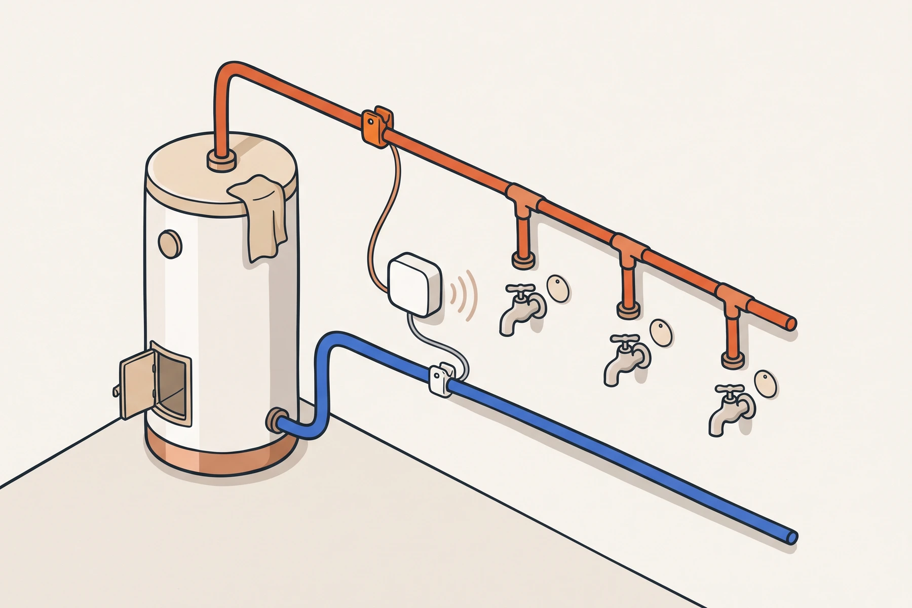 A water heater with the red probe on the hot pipe just after the heater, the white probe on the cold supply, the sensor box in between and three taps with a tag.