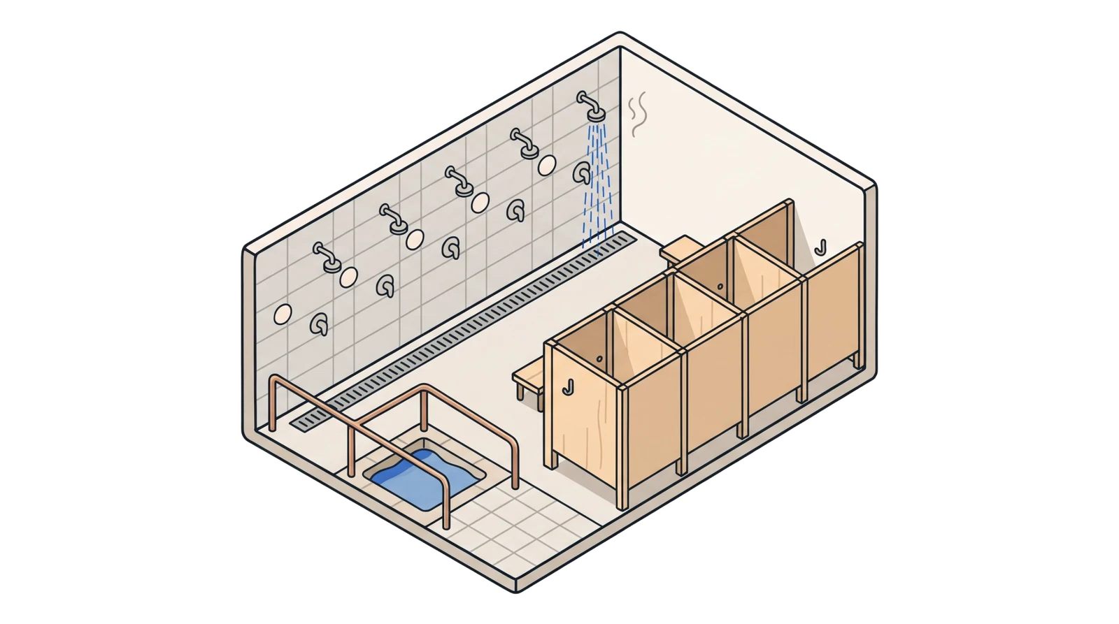 The shower room of a swimming pool with a row of showers, foot baths at the entrance and changing cubicles.